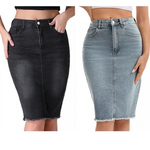 INSPIRE CHIC Women's Raw Hem High Waisted Pockets Stretch Knee Length Jean Denim Skirt 2 Packs - 1 of 4