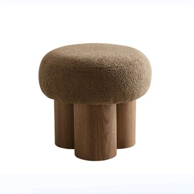 OUTSUPPLY Mushroom Stool, Lamb Wool Seat with Walnut Veneer PVC Base, Compact Footstool for Living Room, Nursery & Entryway