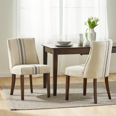Blue Striped Linen Upholstered Parsons Dining Chairs with Wood Legs