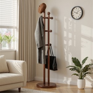 Heavy-Duty Solid Wood Coat Rack with Stable Round Base, 180 lb Capacity –6 Hooks Freestanding Coat Tree for Entryway, Bedroom & Hallway, Walnut - 1 of 4