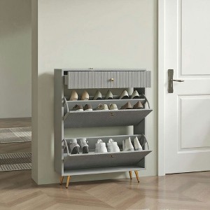 Resenkos Narrow Shoe Storage Cabinet - Wave-like Panels, Adjustable Shelves (Holds 12 Pairs), Gray - 1 of 4