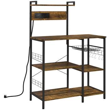 HOMCOM Kitchen Baker's Rack with Power Outlet, USB Charger, Microwave Stand, Coffee Bar with Wire Basket, Adjustable Shelf, 5 Hooks, Rustic Brown