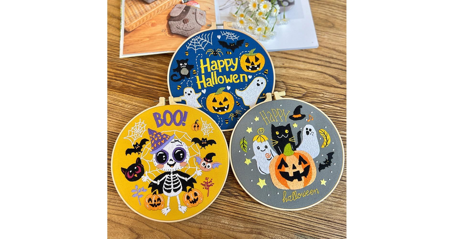 3Pcs Set Halloween Embroidery Starter Kit for Beginner Self-Learning, Stamped Cross Stitch Needlepoint Kit with Hoop and Embroidery Supplies