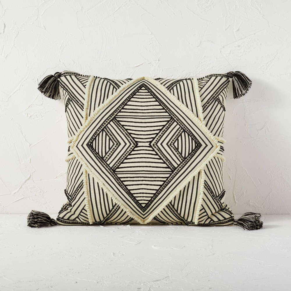 Photos - Pillow Square Embellished Geometric Decorative Throw  Off-White/Black - Opa