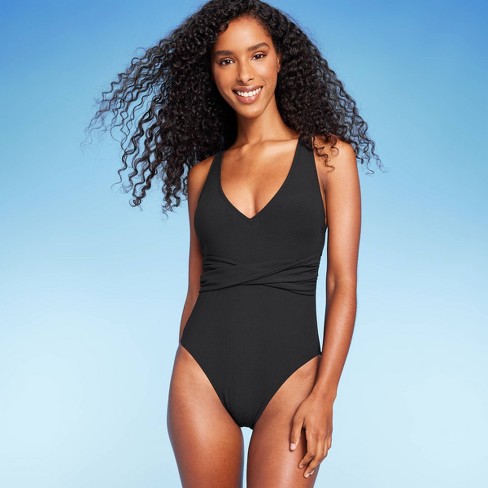 Women's Ribbed Plunge Twist-front One Piece Swimsuit - Shade & Shore™ Black  Xs : Target