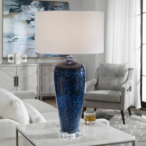 Uttermost Stargazer Table Lamp – Cobalt Navy Art Glass Base, Crystal Foot, 31” Tall, White Drum Shade - 1 of 4