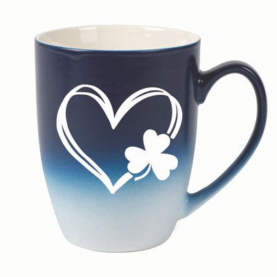 Elanze Designs Heart Outline With Three Leaf Clover Two Toned Ombre Matte 10 ounce New Bone China Coffee Tea Cup Mug, Navy Blue and White