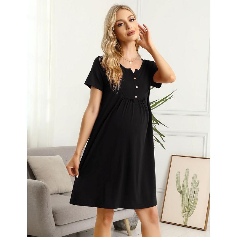 WhizMax Womens Maternity Dress Short Sleeve Midi Summer Dresses Nursing Casual Solid Color Button Down Breastfeeding Dress, 3 of 6