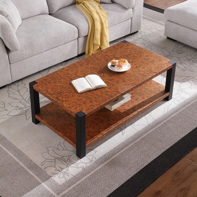 NicBex Modern & Bold Rectangular Metal Coffee Table with Burl Wood Grain,Double-Layer Side Table,Center Table for Living Room