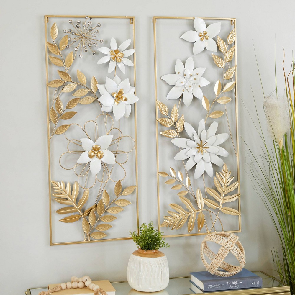 Photos - Wallpaper Set of 2 Metal Floral Wall Decors with Gold Frame - Olivia & May