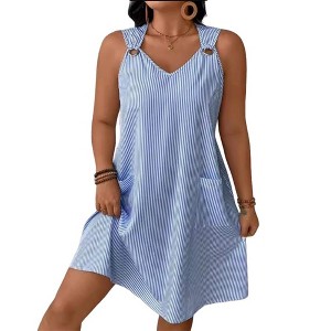 Women's Summer Striped V - Neck Sleeveless Dress Grommet Straps and Pocket Design - 1 of 4
