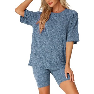 cheibear Women's Tracksuit Short Sleeves Top with Shorts Ribbed Knit Soft Pajama Sets - 1 of 4