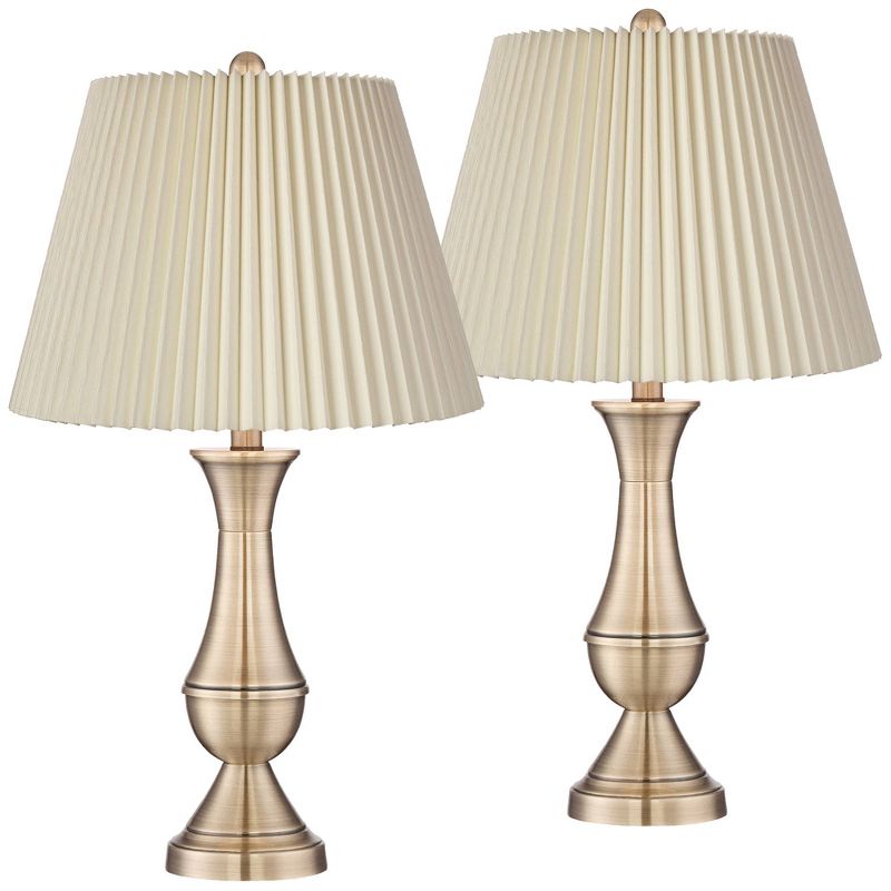 Regency Hill Becky Traditional Table Lamps 24 3/4" High Set of 2 Antique Brass Metal Ivory Linen Pleat Shade for Bedroom Living Room Bedside Office, 1 of 6