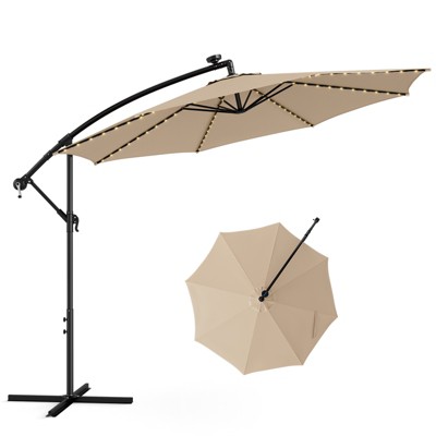 Tangkula 10FT Solar Offset Umbrella Tilted Cantilever Hanging Umbrella with 112 LED Lights Patio Sun Shade with Crank Handle Beige/Coffee/Navy/Wine