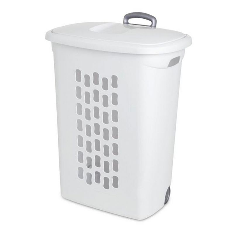 Sterilite Ultra Wheeled Laundry Hamper with Lid, Handle and Wheels for Easy Rolling of Clothes to and from the Laundry Room, Plastic, White, 18-Pack, 2 of 7