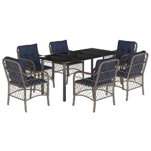 vidaXL Outdoor 7-Piece Patio Dining Set - Gray Poly Rattan with Navy Blue Cushions, Black Tempered Glass Table Top, Weather-Resistant - 1 of 4