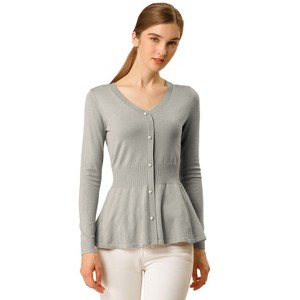 Allegra K Women's Slim Fit V-Neck Long Sleeve Ribbed Pullover Knitted Peplum Sweater - 1 of 4