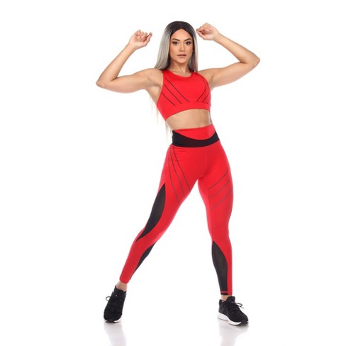 Women's Cut Out Back Mesh Sports Bra & Leggings Set Red Small - White Mark