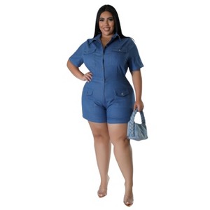 Slickblue Plus Size Denim Romper with Zipper Front - Short Sleeves, Collared, Pockets - Size 1XL-3XL - 1 of 4