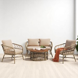 4-Piece Boho Wicker Patio Conversation Set with Acacia Wood Table, Removable Cushions, and Adjustable Feet - 1 of 4