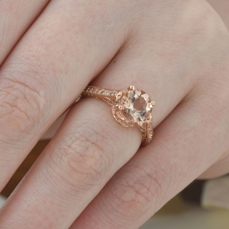 Pompeii3 2 Carat Morganite & Diamond Vintage Engagement Ring 14K Rose Gold, 4 of 6