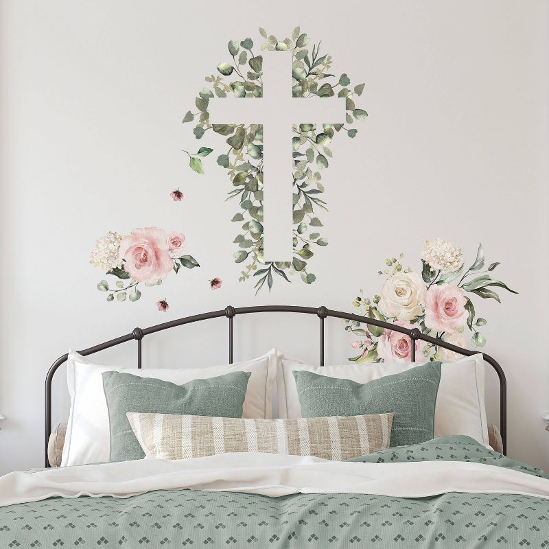 Watercolor Floral Cross Giant Peel and Stick Wall Decal Pink - RoomMates, 4 of 6