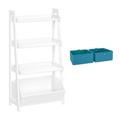 RiverRidge Amery 4-Tier 24in Ladder Shelf with Display Shelf and Storage Organizer Bin - White with 2 5in Fabric Bins