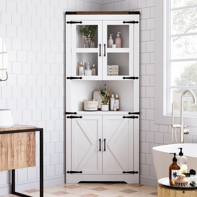 Whizmax Farmhouse Corner Cabinet, Tall Corner Storage Cabinet with Glass Door & Adjustable Shelves, Bathroom Cabinet for Living Room, Bathroom