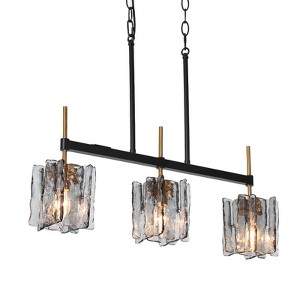 LNC Echonalyri 3-Lights 24.8" Modern Linear Kitchen Island Pendant  Lights, Polished Gold and Matte Black with Smoked Gray Ribble Glass - 1 of 4
