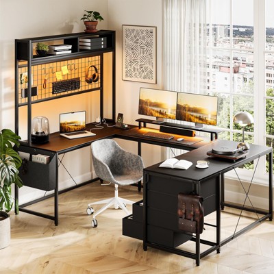 78.7" U Shaped Computer Desk,Large Reversible L Shaped Desk Ith Power Outlets, LED Strip & Monitor Stand