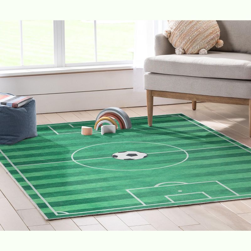 Well Woven Soccer Field Playmat Apollo Kids Collection Green Area Rug, 3 of 5