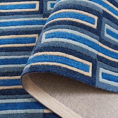Ivory and Blue Geometric Wool 6' x 9' Handmade Tufted Rug