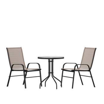 Flash Furniture 3 Piece Outdoor Patio Dining Set - Tempered Glass Patio Table, 2 Flex Comfort Stack Chairs