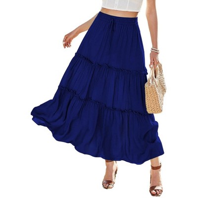 Womens Boho Pleated Midi Skirt Ruffle Tiered Tie Waist Flowy Long Skirts with Pockets