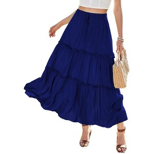 Womens Boho Pleated Midi Skirt Ruffle Tiered Tie Waist Flowy Long Skirts with Pockets - 1 of 4