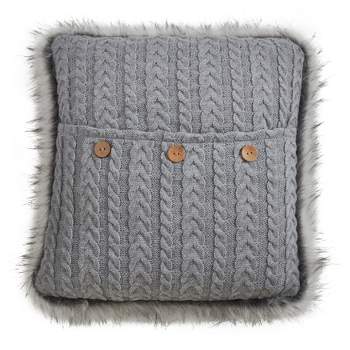 Saro Lifestyle Faux Fur Trim Button Knit Poly Filled Pillow