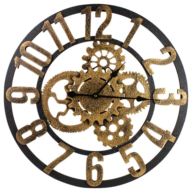 Northlight 24" Gold and Black Battery Operated Round Wall Clock with Cogs, 1 of 5