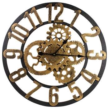 Northlight 24" Gold and Black Battery Operated Round Wall Clock with Cogs