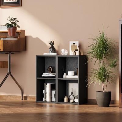 2-Tier Small Narrow Bookshelf, Black Cube Display Rack for Corners, Modern CD Storage Cabinet for Home Office & Living Room (1 Pack)