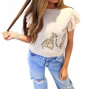 Women's Miss Leopard Short Sleeve Sweater Top - entro - 1 of 2