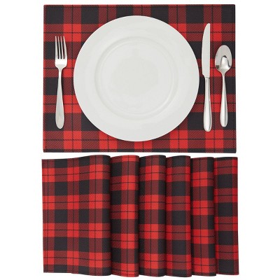 Farmlyn Creek Buffalo Check Placemats Set of 6 for Dining Table, 12.75x16.75 in, Red and Black