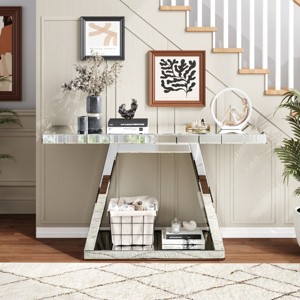 55.9" Modern Mirrored Console Table, Full-Body Reflective Entryway Table with Trapezoid Base, for Hallway or Living Room - Panipeachy - 1 of 4