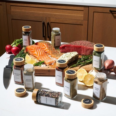 Clear Glass Spice Jars with Bamboo Lids and Labels Set