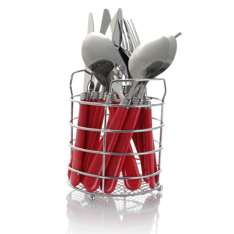 Gibson Sensations II 16 Piece Stainless Steel Flatware Set with Red Handles and Chrome Caddy, 1 of 8