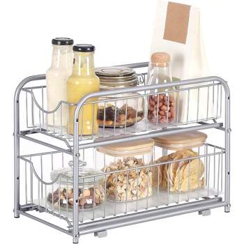 SONGMICS Pull Out, 2-Tier Sliding, Stackable Under Sink Cabinet Organizer with Storage Basket Drawers, for Kitchen, Bathroom, Silver