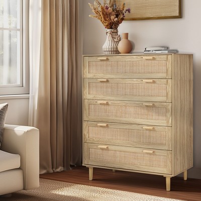 Finnhomy 4 Drawer Dresser for Bedroom 35.43” Wide Wooden Bedroom Dressers with Drawers, Rattan Dresser