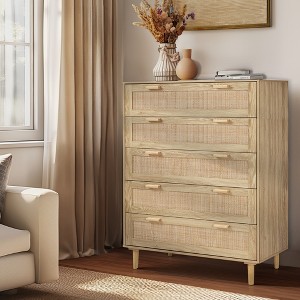 Finnhomy 4 Drawer Dresser for Bedroom 35.43” Wide Wooden Bedroom Dressers with Drawers, Rattan Dresser - 1 of 4
