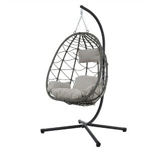 ELJGET Hanging Egg Chair with Stand, Indoor Outdoor Wicker Rattan Egg Swing Chair Hanging Basket Chair with Cushion Headrest - 1 of 4