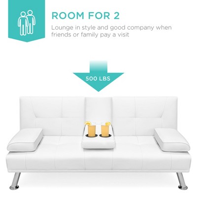 White Faux Leather Convertible Sleeper Sofa with Cup Holders