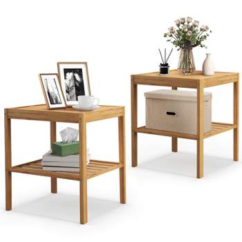 Tangkula Bamboo Nightstand Set of 2 2-tier Side Table w/ Bottom Shelf Square End Table Beside Sofa & Bed Compact Nightstand for Small Space